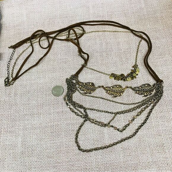 Vegan Leather Antique Gold Muti Strand Chain Leaf Necklace - Picture 1 of 2